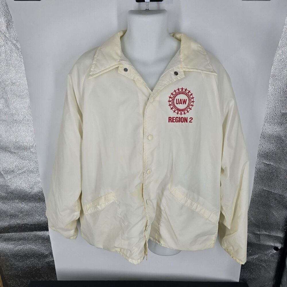 Vintage King Louie Jacket Mens XL White UAW Region 2 Union Snap Front Made USA